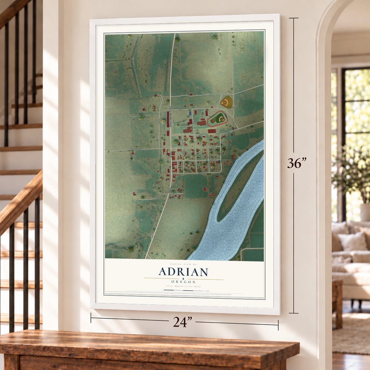 Adrian, Oregon map, 24 x 36 inch print in a white frame by a staircase