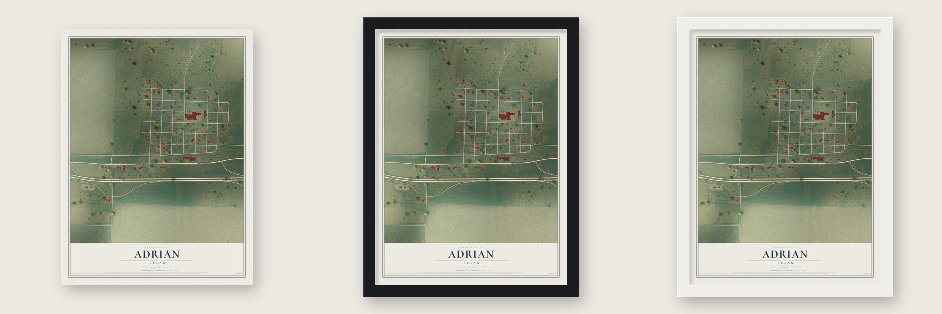 Adrian, Texas map unframed, in a black wood frame and in a white wood frame