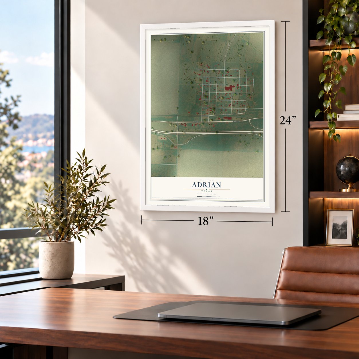 Adrian, Texas map, 18 x 24 inch print in a white frame in a home office