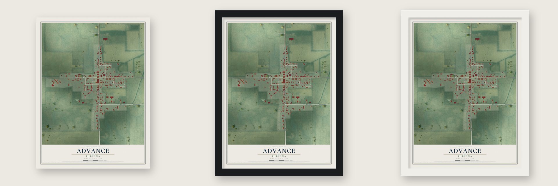 Advance, Indiana map unframed, in a black wood frame and in a white wood frame