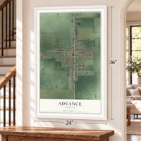 Advance, Indiana map, 24 x 36 inch print in a white frame by a staircase