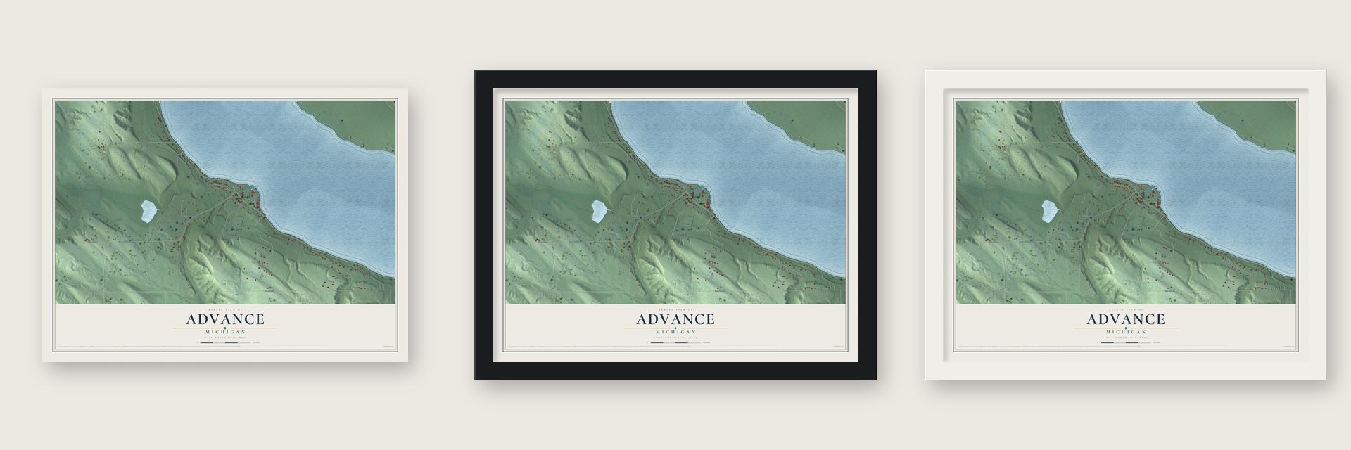 Advance, Michigan map unframed, in a black wood frame and in a white wood frame
