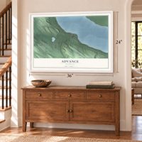 Advance, Michigan map, 24 x 36 inch print in a white frame above a dresser by a staircase