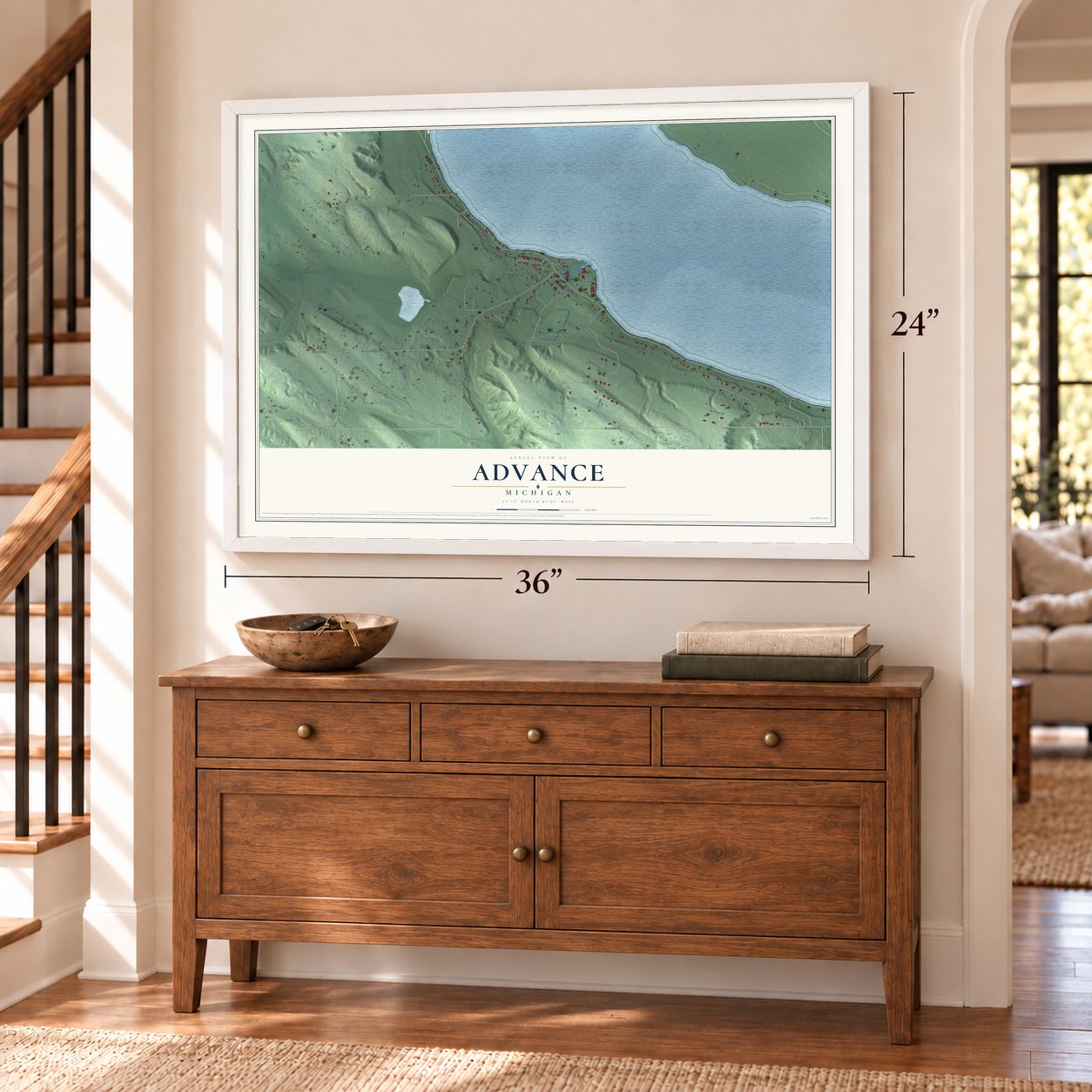 Advance, Michigan map, 24 x 36 inch print in a white frame above a dresser by a staircase