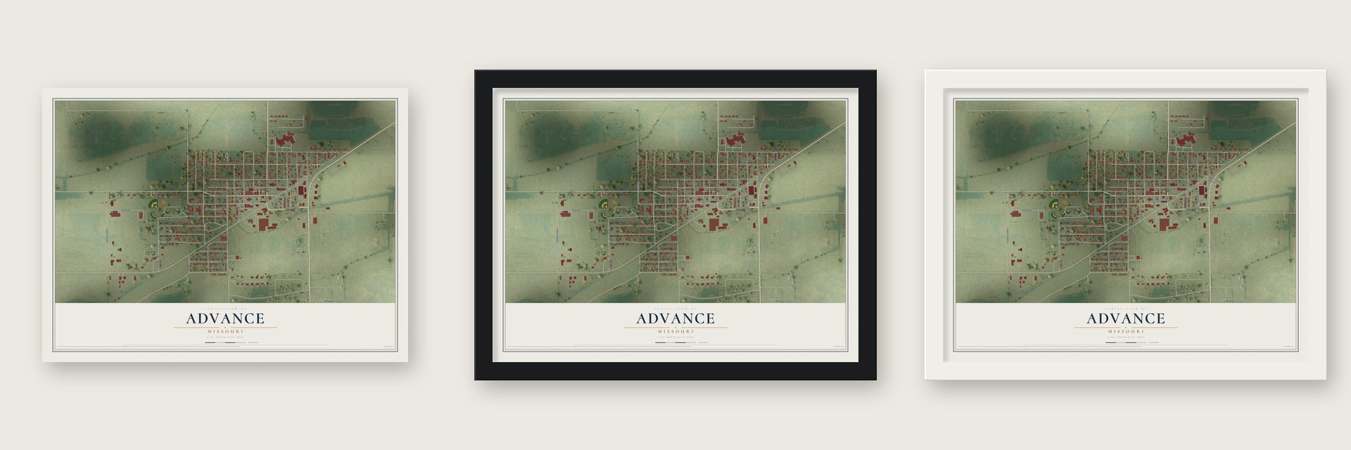 Advance, Missouri map unframed, in a black wood frame and in a white wood frame