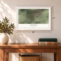 Advance, Missouri map, 12 x 18 inch print in a white frame in an entryway