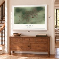 Advance, Missouri map, 24 x 36 inch print in a white frame above a dresser by a staircase