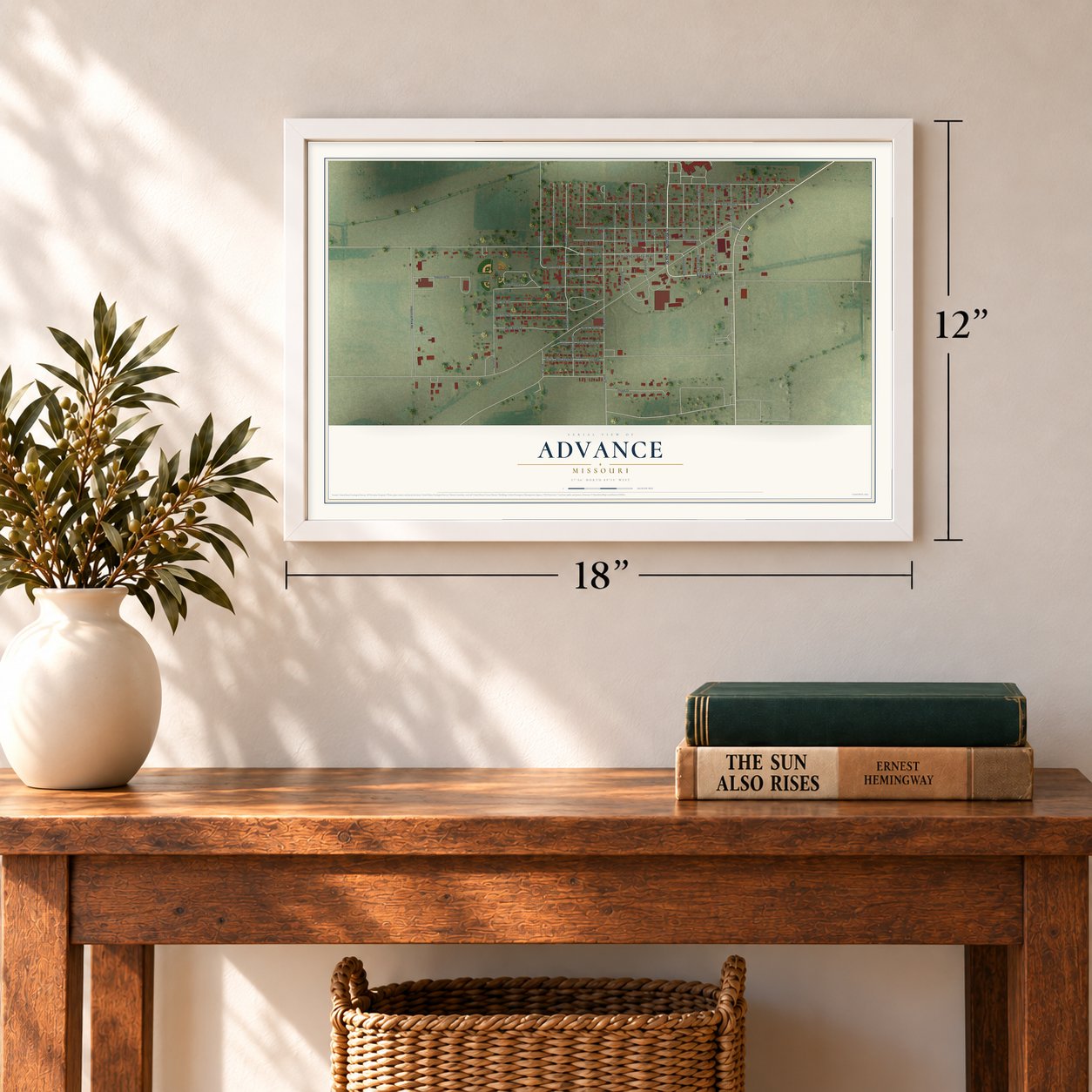 Advance, Missouri map, 12 x 18 inch print in a white frame in an entryway