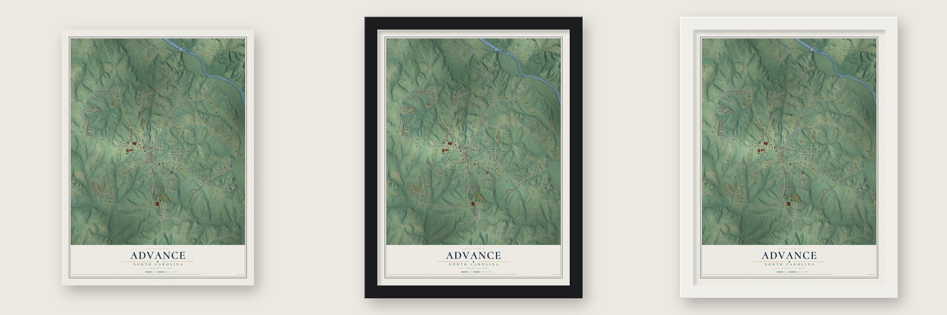 Advance, North Carolina map unframed, in a black wood frame and in a white wood frame