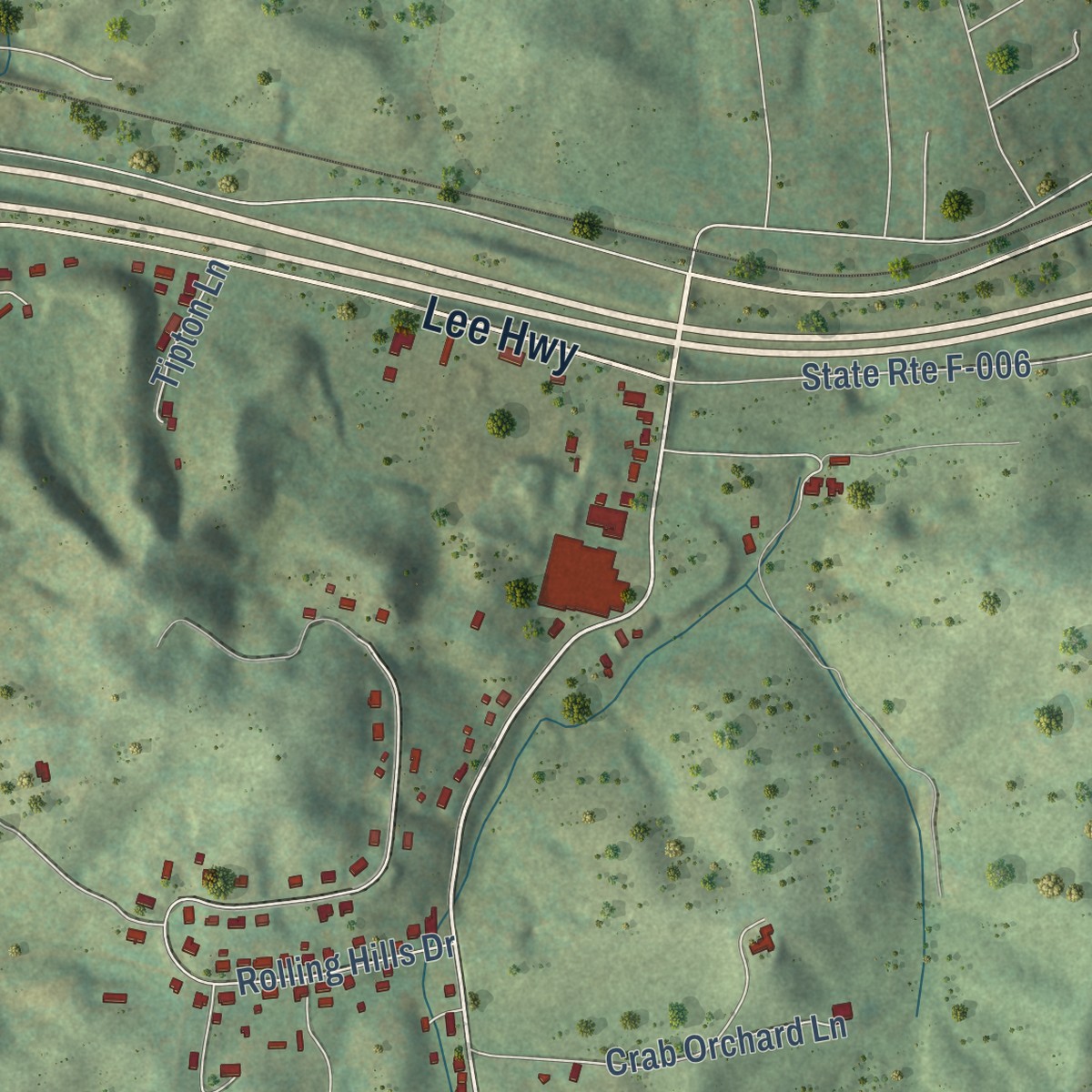 Second close-up of the map of Adwolf, Virginia print showing more streets and buildings
