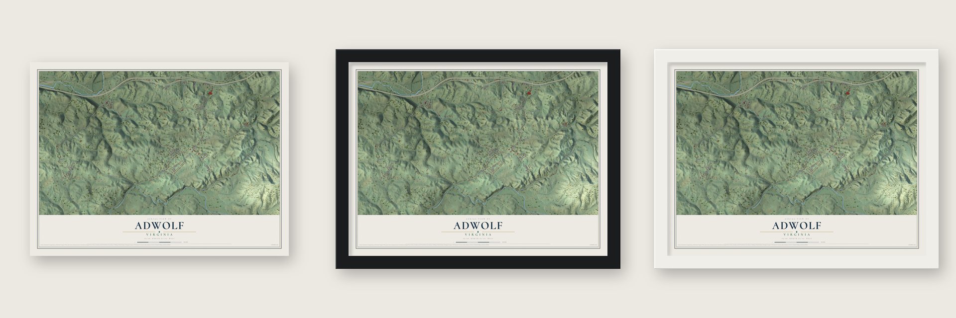 Adwolf, Virginia map unframed, in a black wood frame and in a white wood frame
