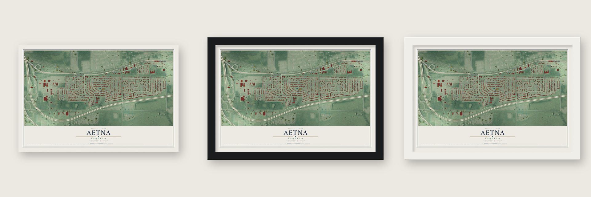 Aetna, Indiana map unframed, in a black wood frame and in a white wood frame