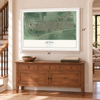 Aetna, Indiana map, 24 x 36 inch print in a white frame above a dresser by a staircase