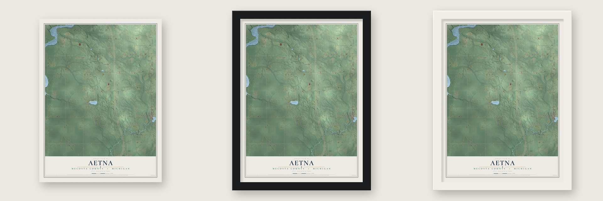 Aetna, Mecosta County, Michigan map unframed, in a black wood frame and in a white wood frame