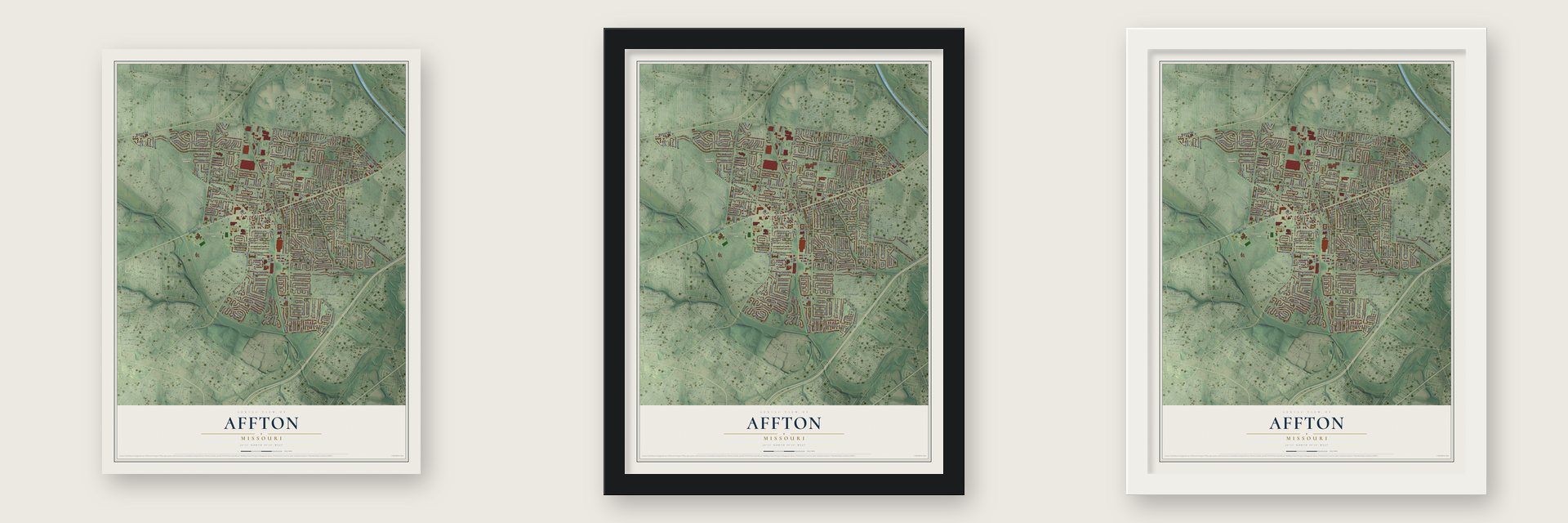 Affton, Missouri map unframed, in a black wood frame and in a white wood frame