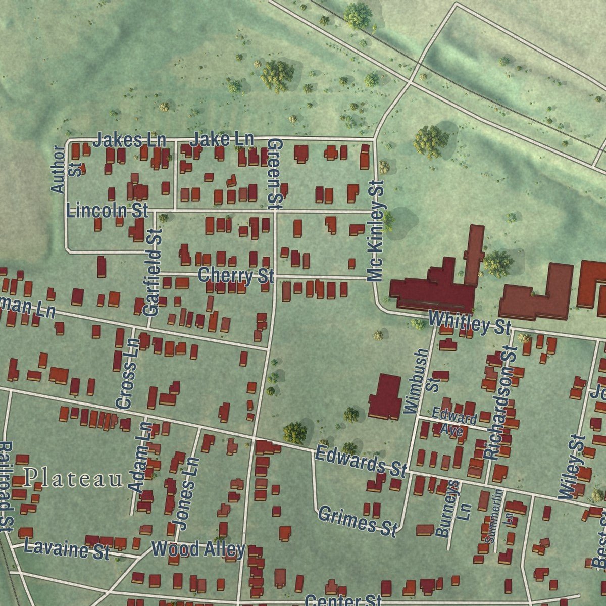 Second close-up of the map of Africatown, Alabama print showing more streets and buildings