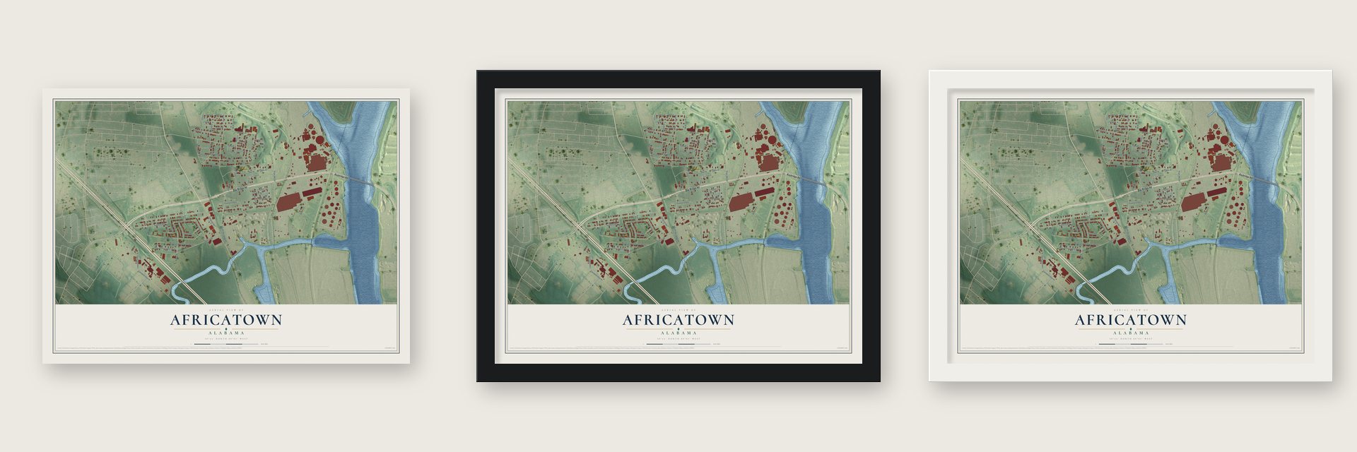 Africatown, Alabama map unframed, in a black wood frame and in a white wood frame