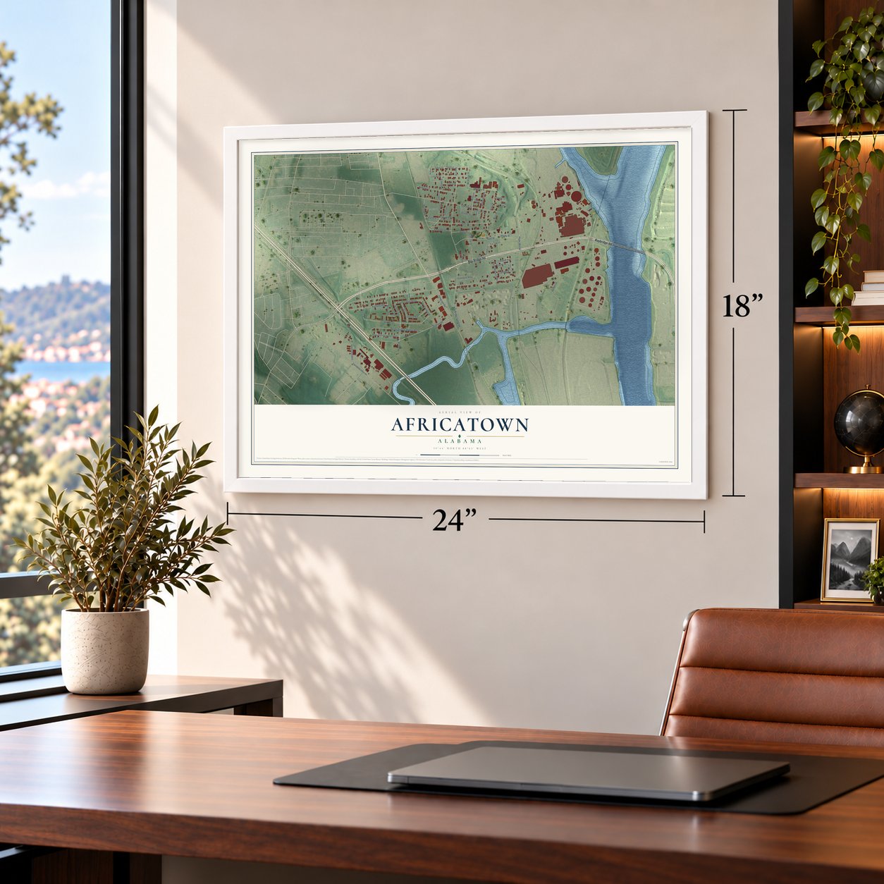 Africatown, Alabama map, 18 x 24 inch print in a white frame in a home office