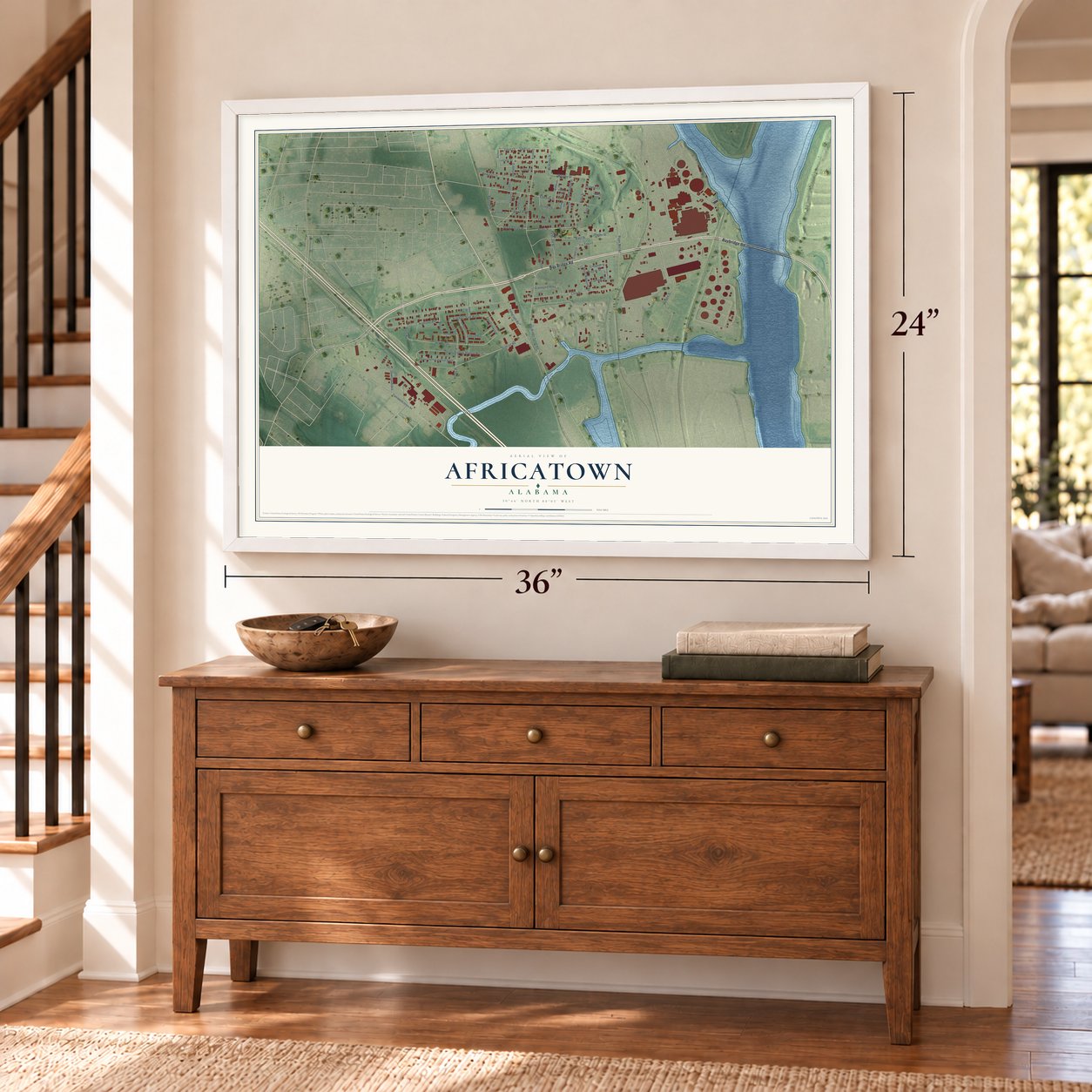 Africatown, Alabama map, 24 x 36 inch print in a white frame above a dresser by a staircase