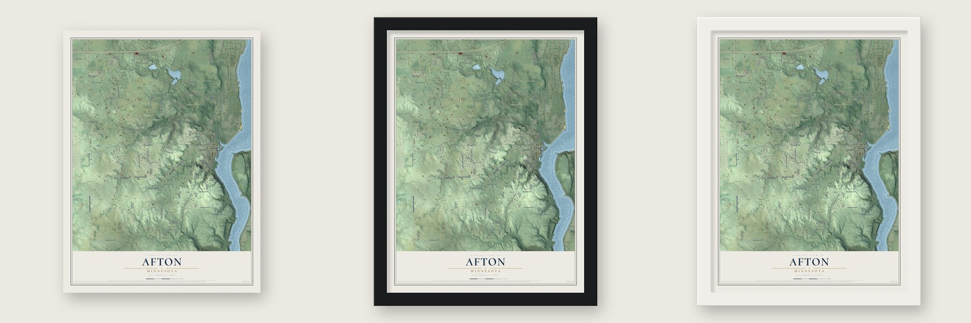 Afton, Minnesota map unframed, in a black wood frame and in a white wood frame