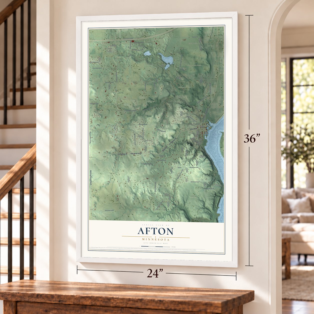 Afton, Minnesota map, 24 x 36 inch print in a white frame by a staircase
