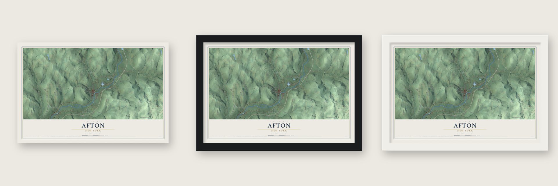 Afton, New York map unframed, in a black wood frame and in a white wood frame