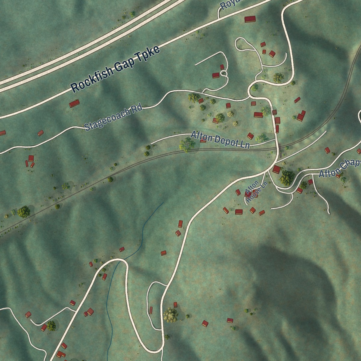 Second close-up of the map of Afton, Virginia print showing more streets and buildings