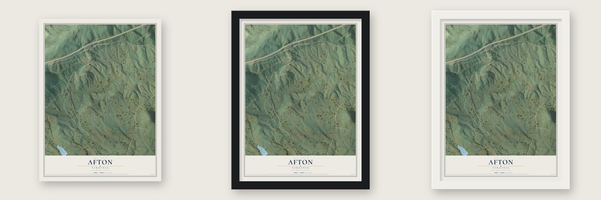 Afton, Virginia map unframed, in a black wood frame and in a white wood frame