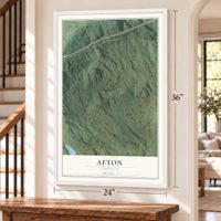 Afton, Virginia map, 24 x 36 inch print in a white frame by a staircase