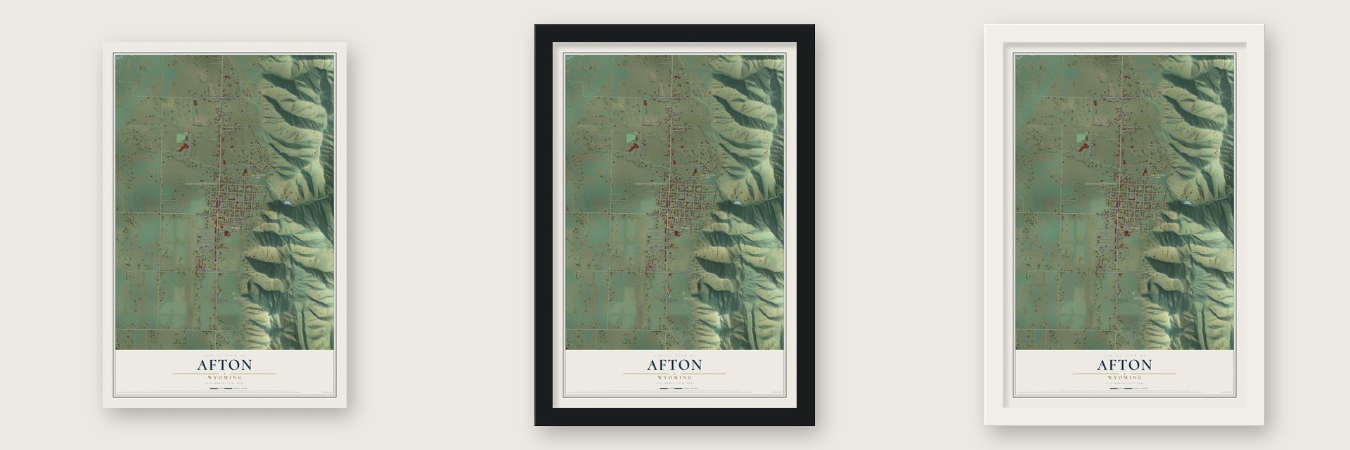 Afton, Wyoming map unframed, in a black wood frame and in a white wood frame