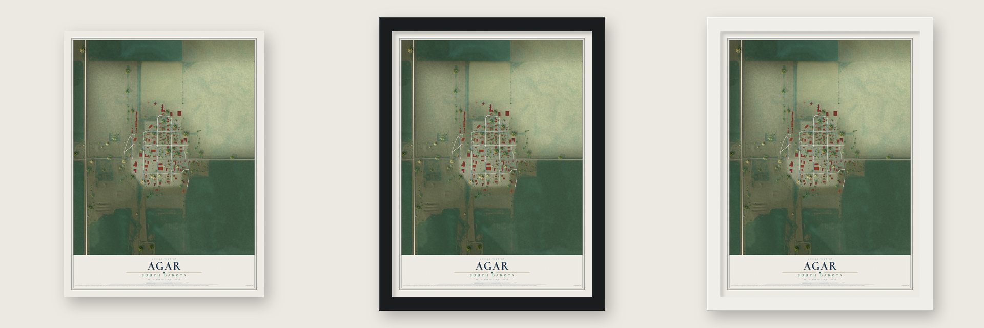 Agar, South Dakota map unframed, in a black wood frame and in a white wood frame