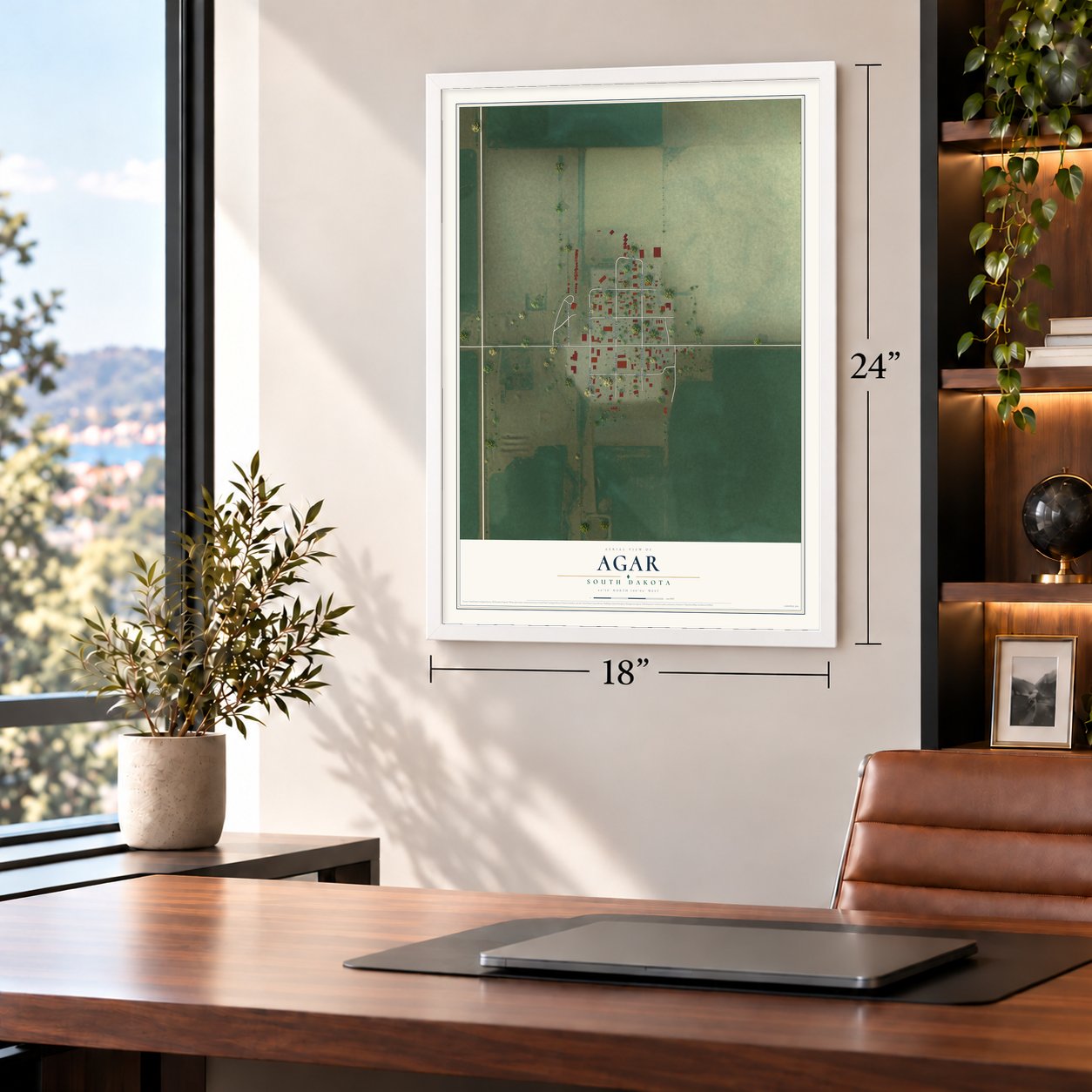 Agar, South Dakota map, 18 x 24 inch print in a white frame in a home office