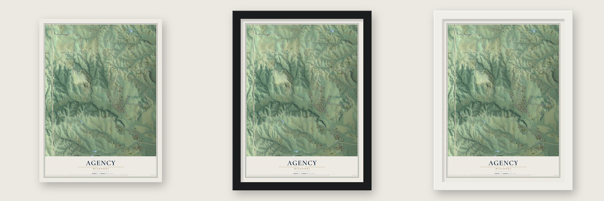 Agency, Missouri map unframed, in a black wood frame and in a white wood frame