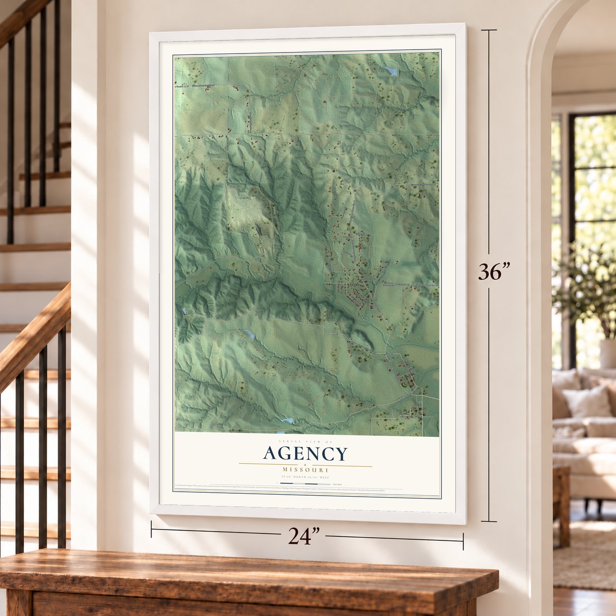 Agency, Missouri map, 24 x 36 inch print in a white frame by a staircase