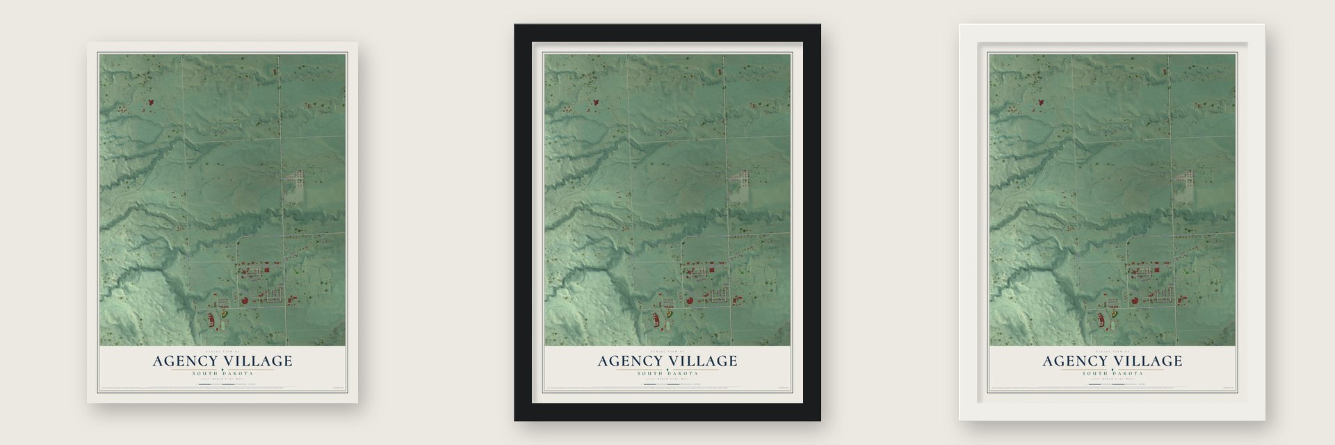 Agency Village, South Dakota map unframed, in a black wood frame and in a white wood frame