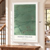 Agency Village, South Dakota map, 24 x 36 inch print in a white frame by a staircase