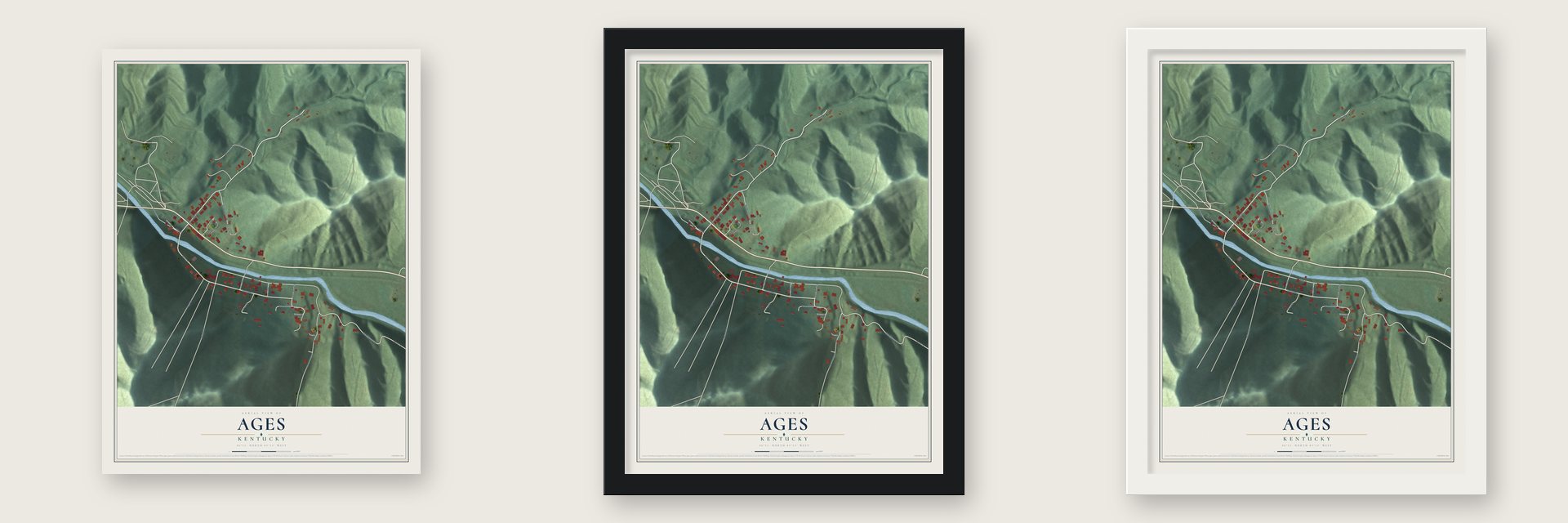 Ages, Kentucky map unframed, in a black wood frame and in a white wood frame