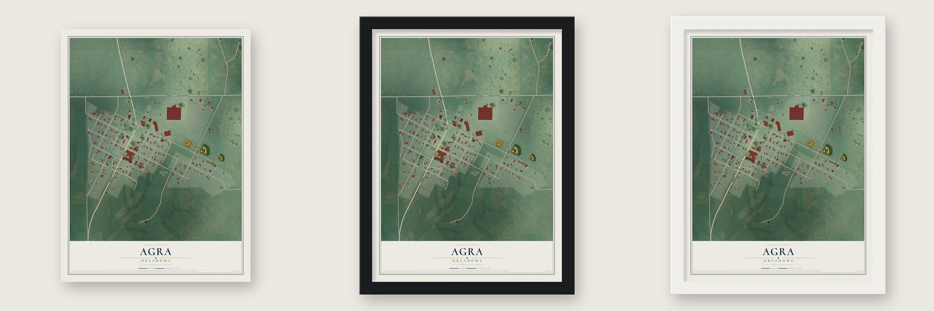 Agra, Oklahoma map unframed, in a black wood frame and in a white wood frame