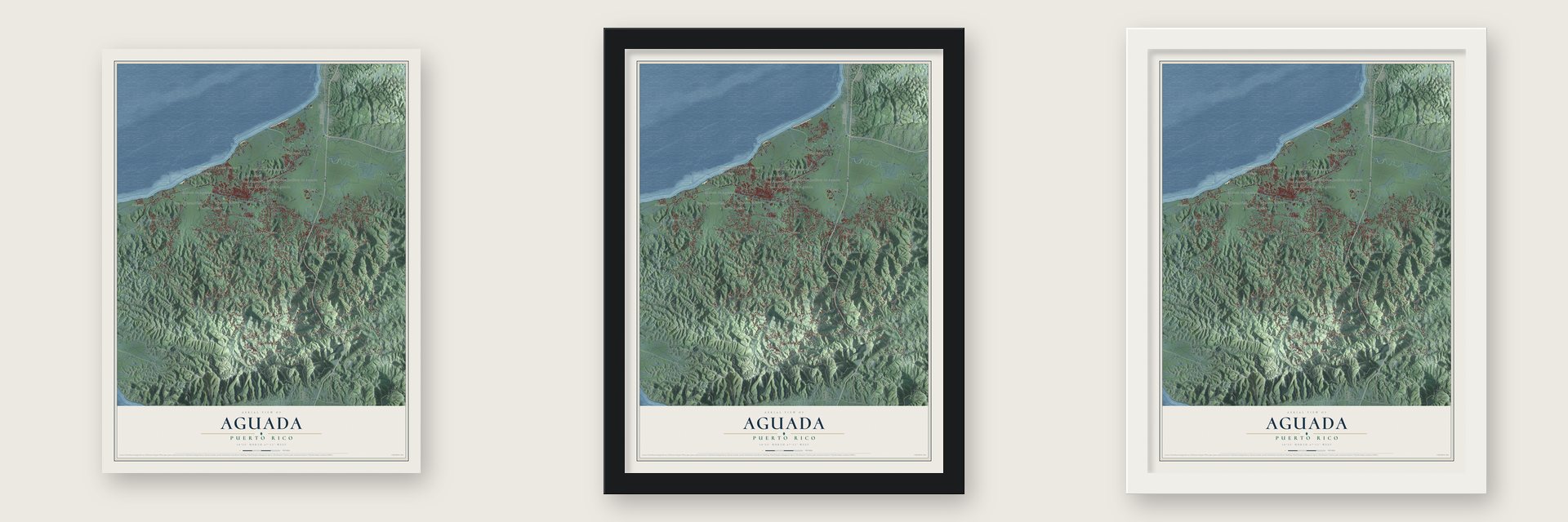 Aguada, Puerto Rico map unframed, in a black wood frame and in a white wood frame