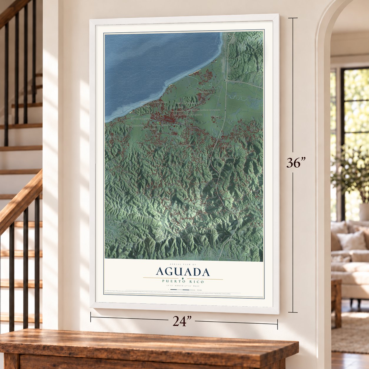 Aguada, Puerto Rico map, 24 x 36 inch print in a white frame by a staircase