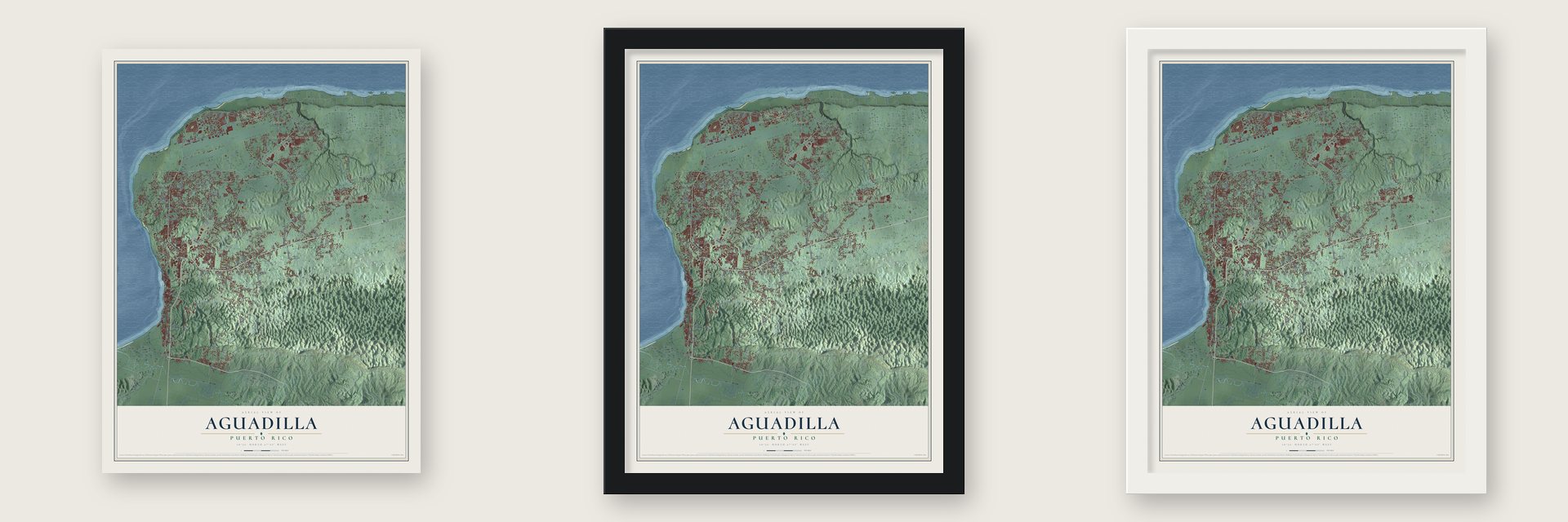 Aguadilla, Puerto Rico map unframed, in a black wood frame and in a white wood frame