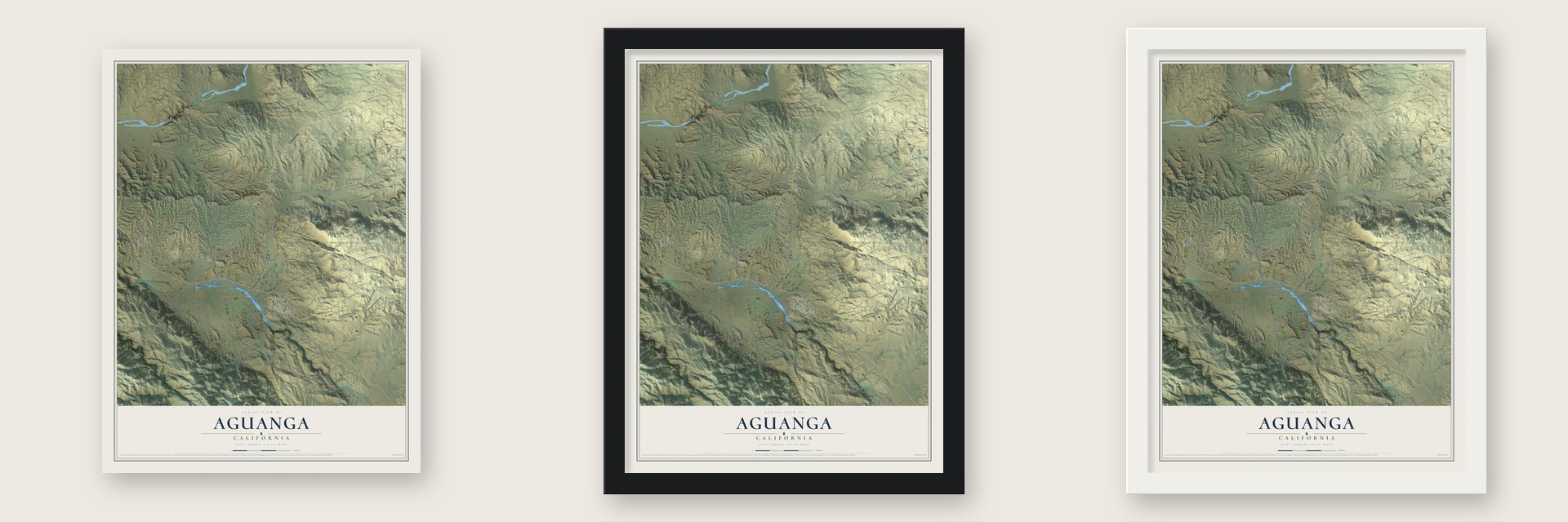 Aguanga, California map unframed, in a black wood frame and in a white wood frame
