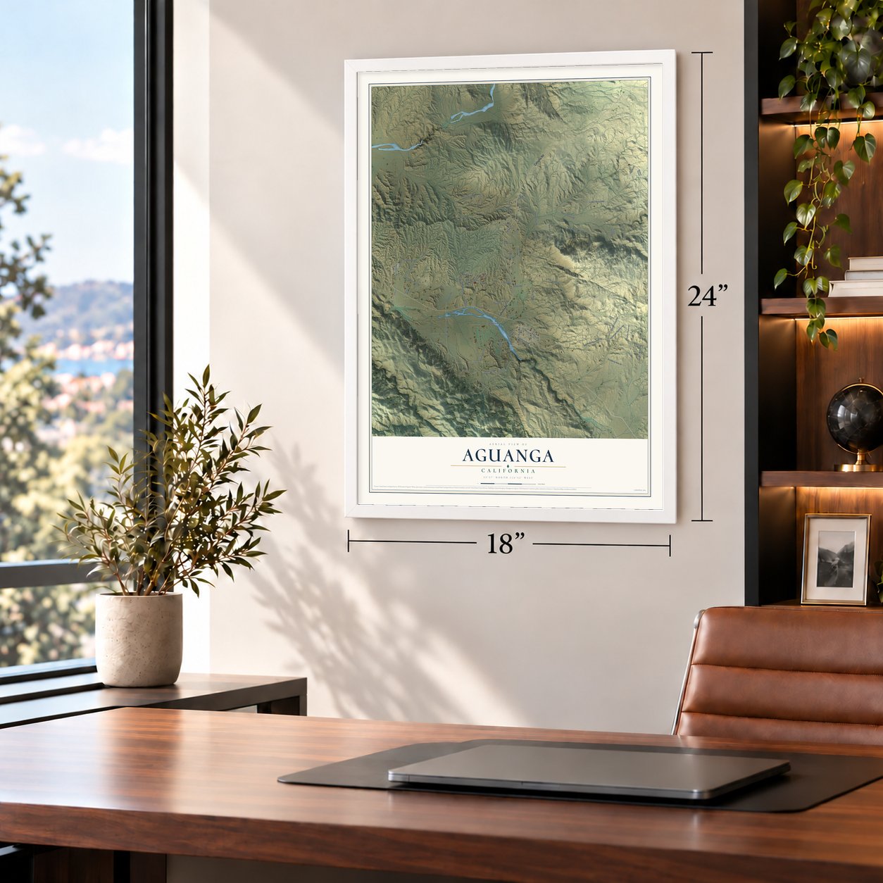 Aguanga, California map, 18 x 24 inch print in a white frame in a home office