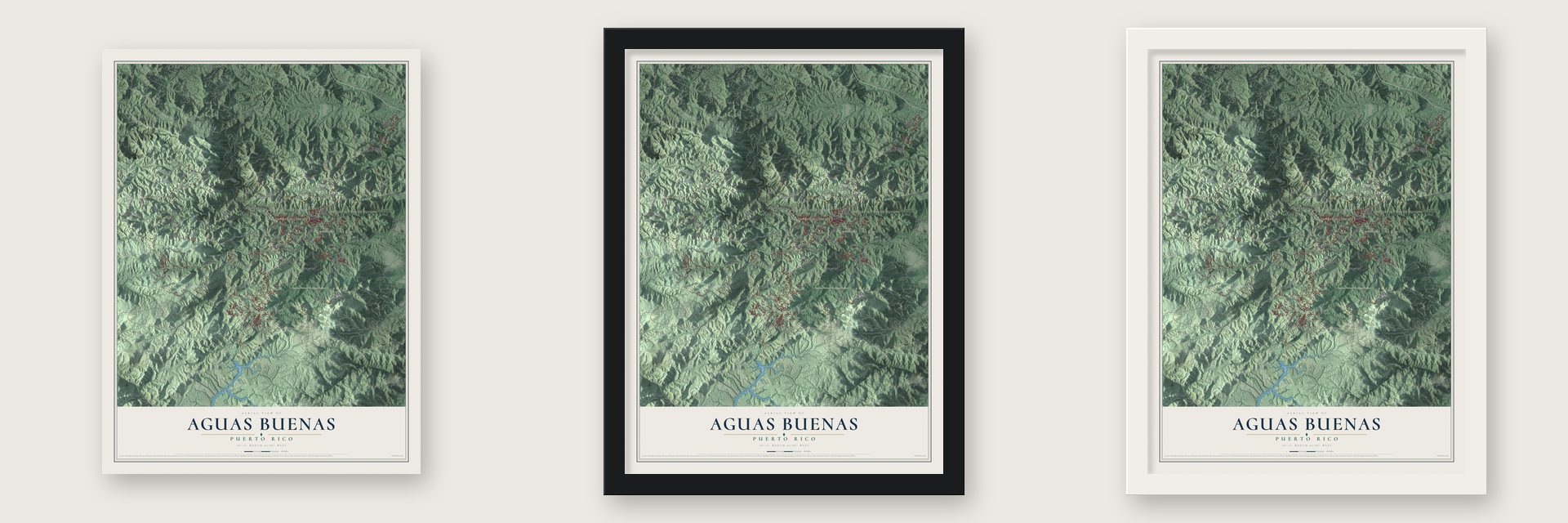 Aguas Buenas, Puerto Rico map unframed, in a black wood frame and in a white wood frame