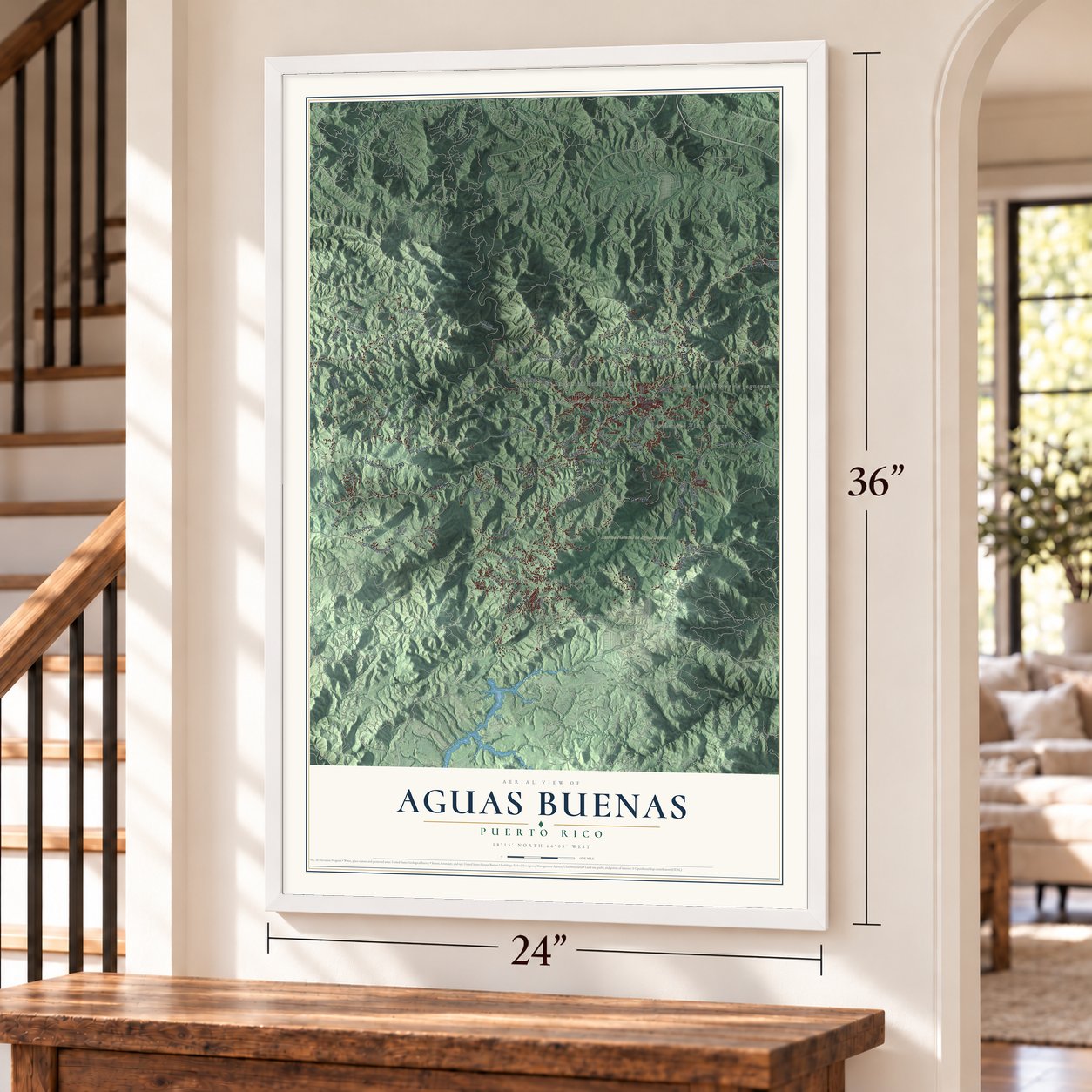 Aguas Buenas, Puerto Rico map, 24 x 36 inch print in a white frame by a staircase
