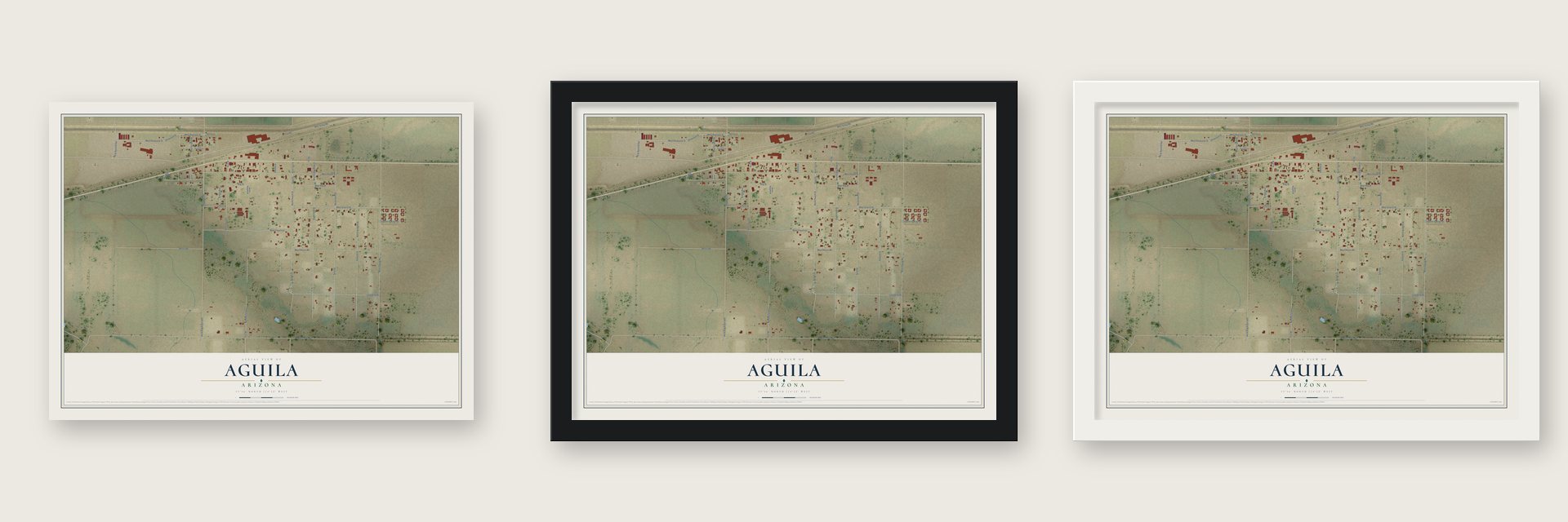 Aguila, Arizona map unframed, in a black wood frame and in a white wood frame