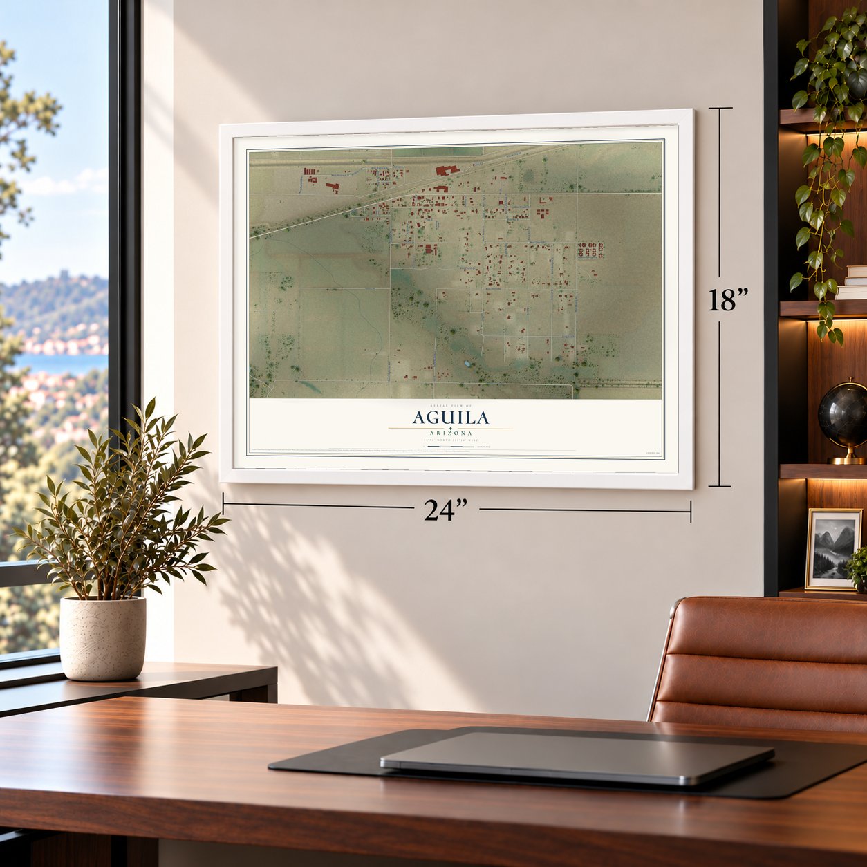 Aguila, Arizona map, 18 x 24 inch print in a white frame in a home office