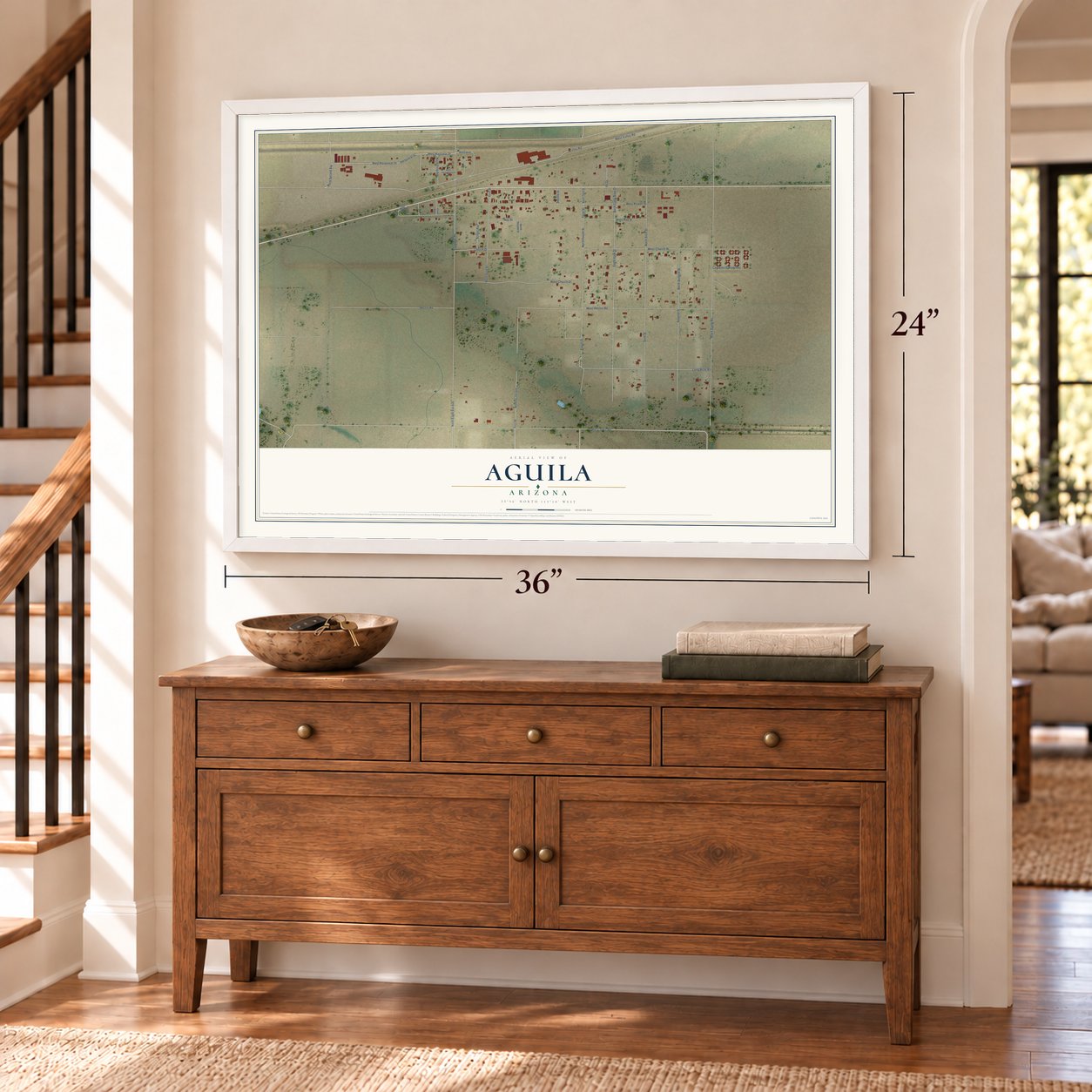 Aguila, Arizona map, 24 x 36 inch print in a white frame above a dresser by a staircase
