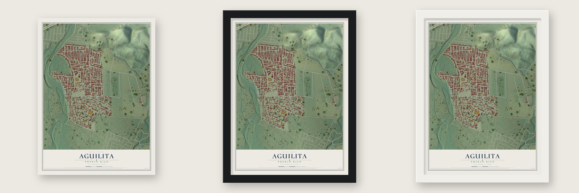 Aguilita, Puerto Rico map unframed, in a black wood frame and in a white wood frame