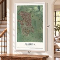 Aguilita, Puerto Rico map, 24 x 36 inch print in a white frame by a staircase